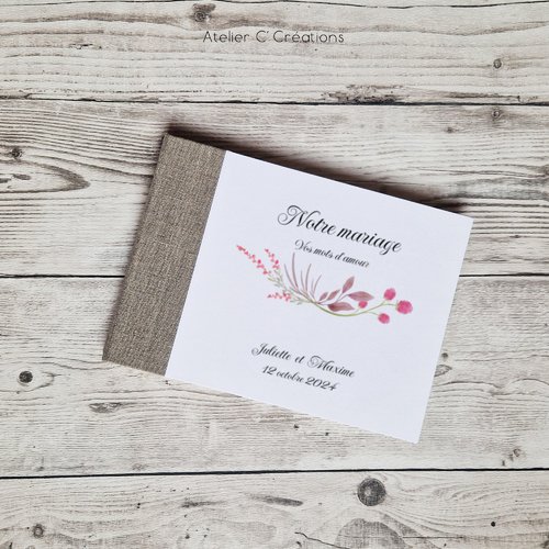 Livre d'or album mariage { ecrin de rose } motif floral  et toile de lin, texte personnalisé - a5, a4, a3, b5, carré