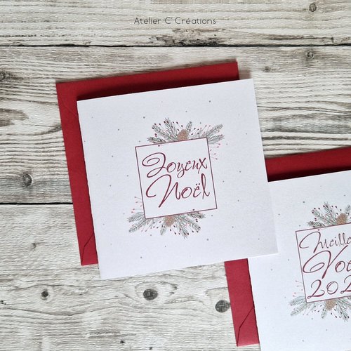 Carte de voeux { joyeux noël } carte double coloris blanc nacré avec son enveloppe