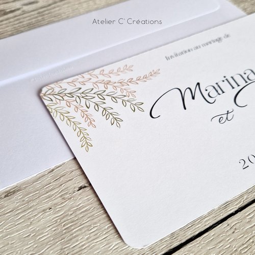 Faire-part mariage { feuillage } thème champêtre et bohème - personnalisé - carte format dl paysage et graphisme branche de feuillage