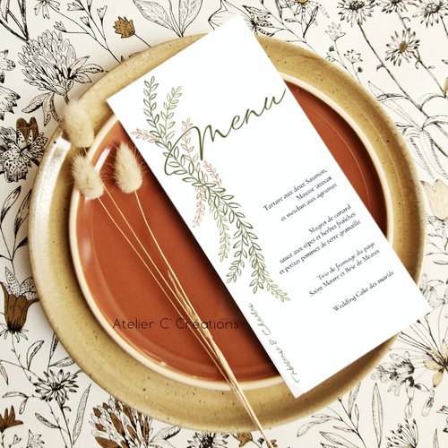 Menu mariage, baptême, anniversaire { feuillage } personnalisé - graphisme champêtre coloris vert et kraft -  a partir de 1,27€