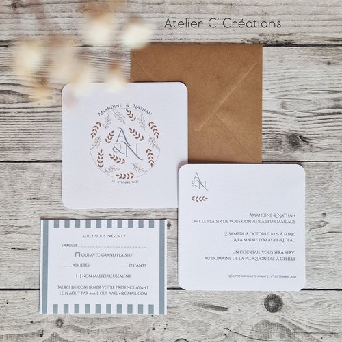 Faire-part mariage { initiales } motif initiales et feuilles - personnalisé - 2 cartons  - invitation et réponse