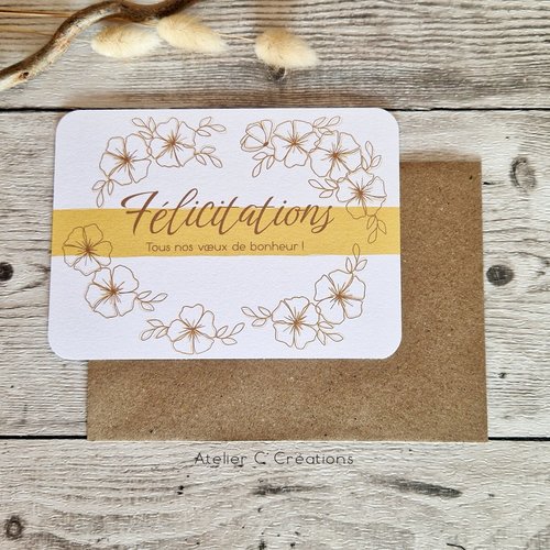 Carte  félicitations mariage { fleurs d'été } personnalisable, fleurs coloris kraft et jaune