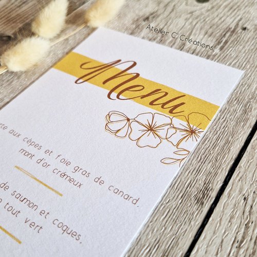 Menu mariage, baptême, anniversaire { fleurs d'été } personnalisé - graphisme champêtre coloris vert et kraft -  a partir de 1,27€