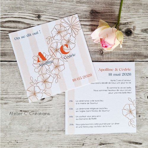 Faire-part  { bouquet d'été } mariage ou baptême - personnalisé - carte simple et graphisme floral