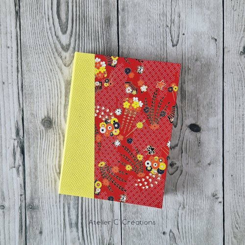 Carnet de notes pages lignées { hana } simili cuir et papier japonais coloris rouge, jaune et doré