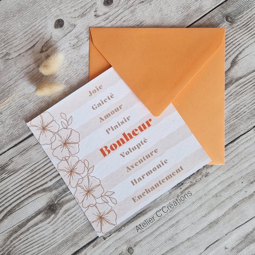 Carte carré { bonheur } personnalisable, pour toute occasion, anniversaire ou fête, mariage ou naissance