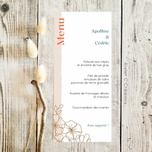 Menu mariage, baptême, anniversaire { fleurs d'été } personnalisable - graphisme champêtre coloris jaune et kraft -  a partir de 1,27€