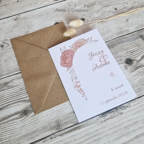 Faire-part  { pivoine } mariage ou baptême - personnalisé - carte pliée et graphisme floral