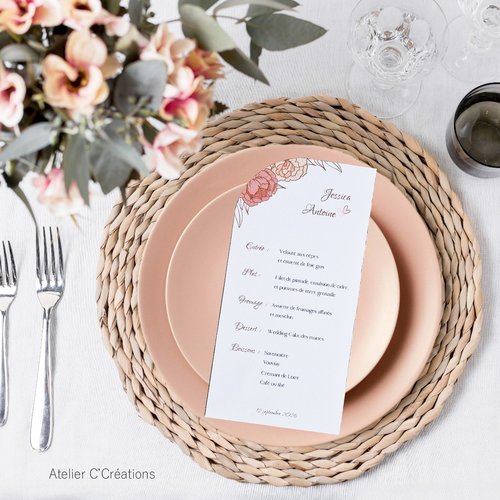 Menu mariage, baptême, anniversaire { pivoine } personnalisable - graphisme floral pivoine coloris kraft et rose -  a partir de 1,27€