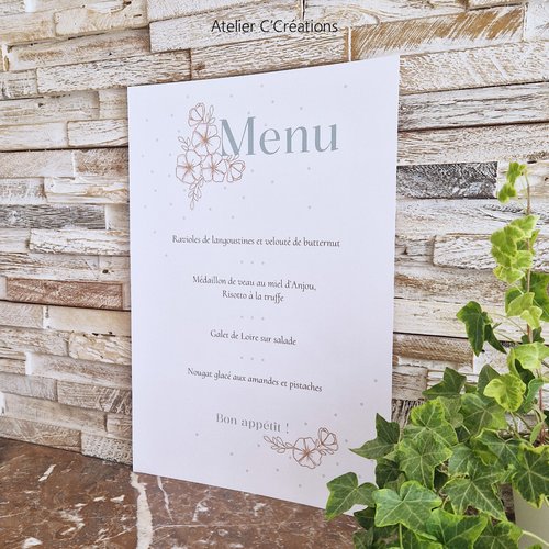 Menu grand format - mariage, baptême, anniversaire { fleur d'été } personnalisé - graphisme champêtre coloris kraft, vert et rose
