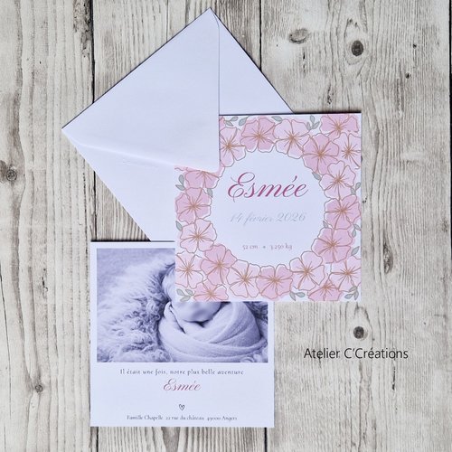Faire-part  naissance { amore } personnalisé - carte simple carré et graphisme floral rose