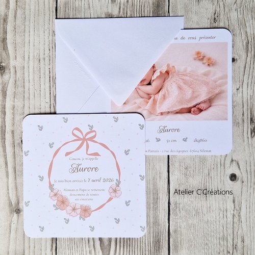 Faire-part  naissance { ruban } personnalisé - carte simple carré et graphisme floral