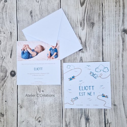 Faire-part  naissance { avion } personnalisé - carte simple carré et graphisme avion coloris kraft, bleu canard et vert amande