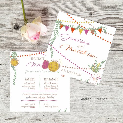 Faire-part mariage { c'est la fête }  invitation mariage, baptême ou fête - personnalisé - carte simple et graphisme floral