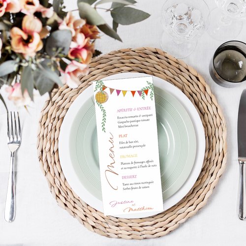 Menu mariage, baptême, anniversaire { c'est la fête } personnalisable - graphisme feuillage et fanion  -  a partir de 1,27€