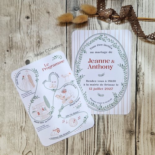 Faire-part  { arcade } pour mariage ou baptême - personnalisé - carte simple et graphisme rayure, couronne de feuilles