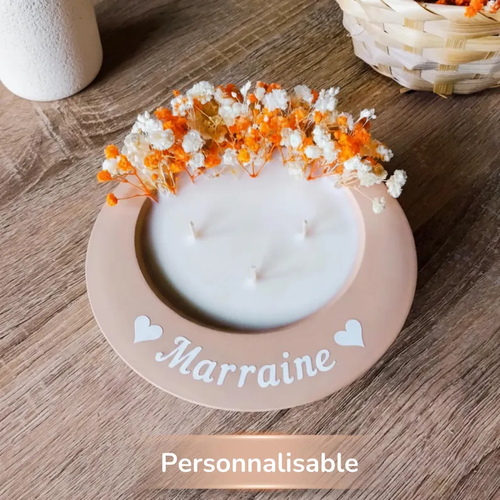 Bougie fleurs séchées personnalisée. idée cadeau maman, marraine, mamie, nounou, maîtresse, tata, tatie.