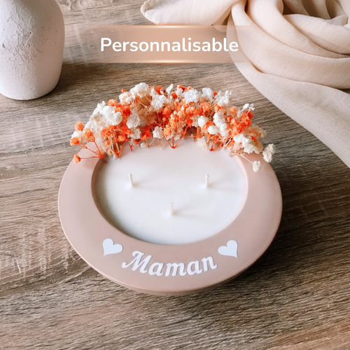 Bougie avec fleurs séchées personnalisée. idée cadeau maman, marraine, mamie, nounou, maîtresse, tata, tatie.