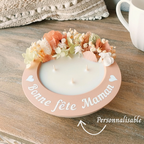 Bougie fleurs séchées personnalisée. idée cadeau maman, marraine, mamie, nounou, maîtresse, tata, tatie.