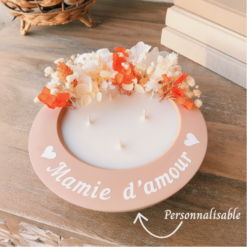 Bougie fleurs séchées personnalisée. idée cadeau maman, marraine, mamie, nounou, maîtresse, tata, tatie.