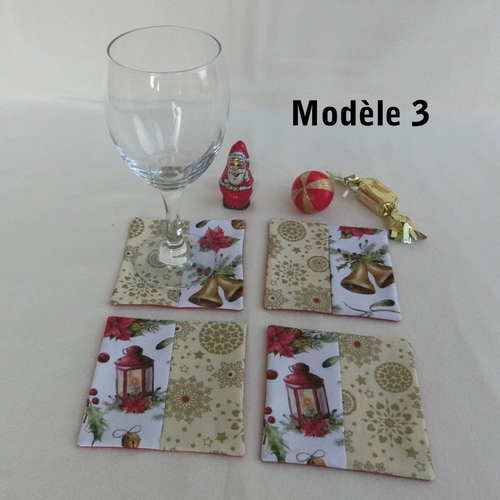 Lot de 4 sous-verres ou sous-tasses, tissu coton noël, dessous de verre carré pour décoration de table de fête nouvel an