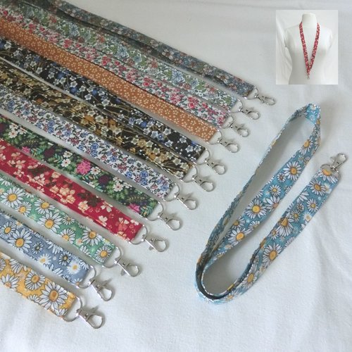 Dragonne tour de cou avec mousqueton, cordon porte clé / badge, tissu coton fleuri, soignant, infirmière, voyage ou rentrée scolaire