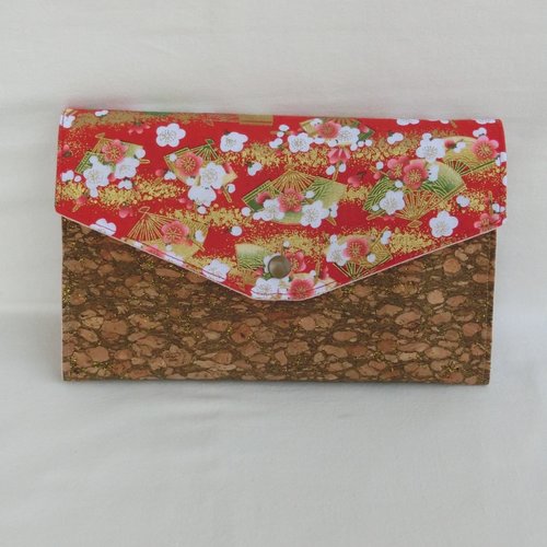 Pochette porte documents 3 compartiments, tissu liège et coton japonais, grande trousse de rangement, pochette à main femme