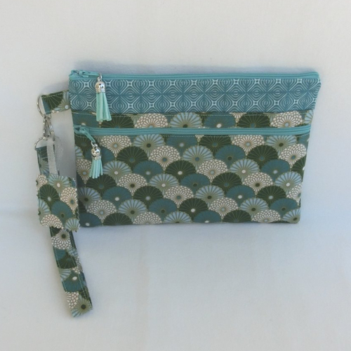 Vendue.. réservée.. pochette 2 poches zippées, dragonne amovible, trousse à document, téléphone, tissu japonais et kaléidoscope