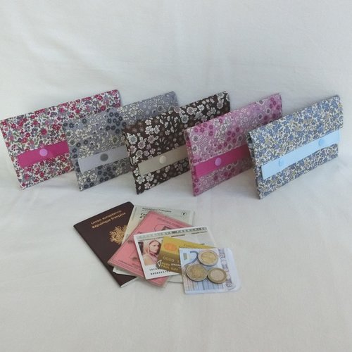 Porte monnaie zippé / portefeuille 3 en 1 avec rangement document et cartes, tissu japonais fleuri, pochette de sac à main