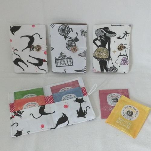 Pochette nomade à sachets de thé ou tisane, tissu paris ou chat noir, portefeuille pour le bureau, mini trousse, cadeau fête des mères
