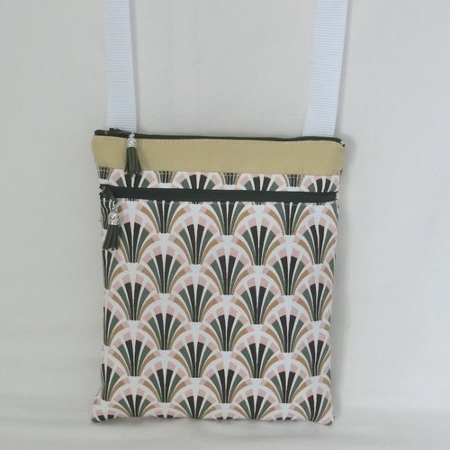 Sac pochette molletonnée à bandoulière 2 poches zippées, tissu éventail, sacoche portée épaule téléphone et documents