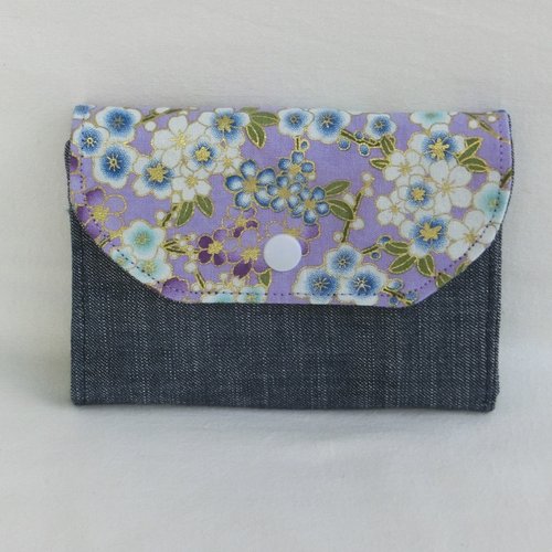 Porte monnaie à soufflets, jean denim recyclé et tissu coton japonais, 2 poches à cartes, 2 compartiments pour documents, cadeau femme