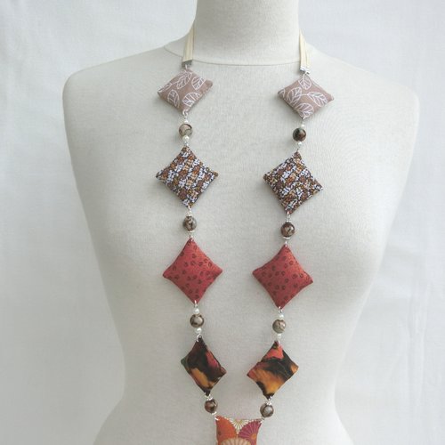 Collier artisanal, tissu coton et perles en verre, collier sautoir long femme, modèle unique, cadeau fête des mères