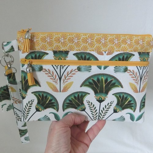 Pochette à main 2 poches zippées et dragonne, trousse à document, téléphone, tissu palme émeraude et japonais, sacoche femme