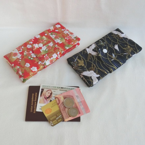 Portefeuille 3 en 1 avec rangement documents, cartes et porte monnaie zippé / tissu japonais, pochette de sac à main femme