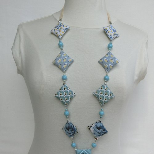 Collier artisanal, tissu coton et perles en verre, collier sautoir long femme, modèle unique, cadeau fête des mères
