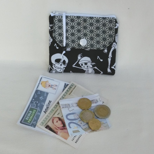 Porte monnaie enfant, fermeture zippée et 1 poche à rabat pour document / porte cartes, tissu coton halloween, cadeau fille ou garçon