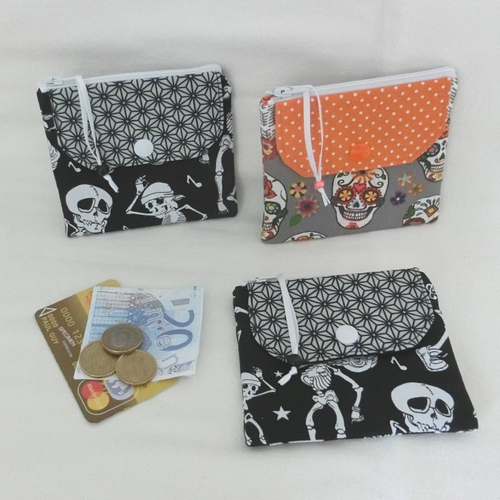 Porte monnaie enfant, fermeture zippée et 1 poche à rabat pour document / porte cartes, tissu coton halloween, cadeau fille ou garçon