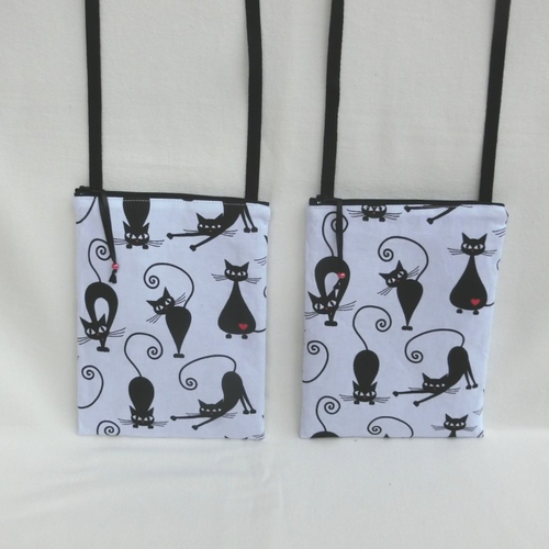 Pochette à bandoulière, tissu chat noir, sacoche pour téléphone et documents, accessoire halloween femme ou enfant fille