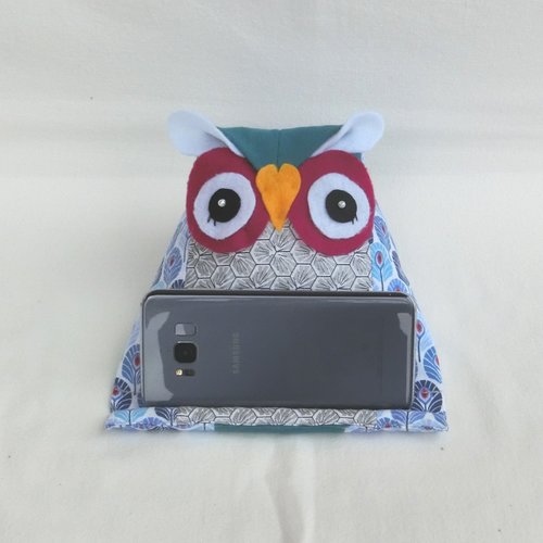 Support hibou coussin porte téléphone, tablette, télécommande, liseuse, ipad, tissu coton, idée décoration