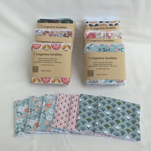 Lot de 7 lingettes 10 cm x 10 cm, tissu coton et éponge de bambou doudou ou bouclette, lingettes carrées démaquillantes visage
