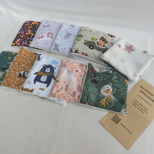 Bouillotte sèche déhoussable au grains de riz, 15 x 15 cm, tissu coton animaux, coussin chauffant relaxant pour bébé / enfant