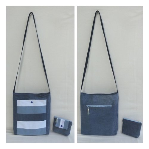 Sac bandoulière et porte monnaie, tissu coton et jean recyclé, sac zippé avec 2 poches, besace fourre tout porté épaule femme