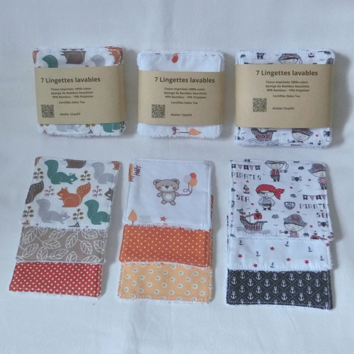 Lot de 7 lingettes lavables, tissu coton et éponge de bambou bouclette, carrés démaquillants visage ou corps enfant ou bébé