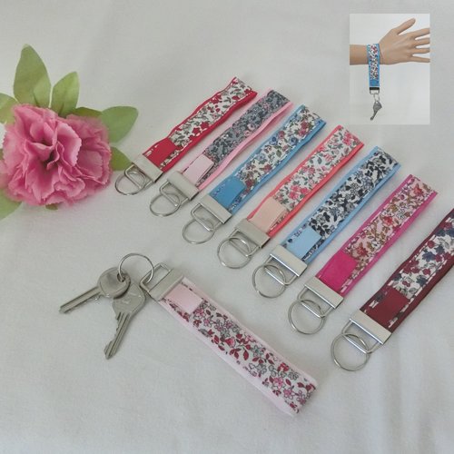 Bracelet porte clé avec mousqueton, tissu fleuri, dragonne porte clef, cadeau femme, fête des mères