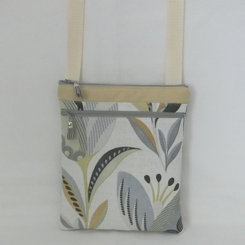 Vendu.. grande pochette à bandoulière 2 poches zippées, tissu fleur de crocus, sacoche téléphone et documents, sac porté épaule femme