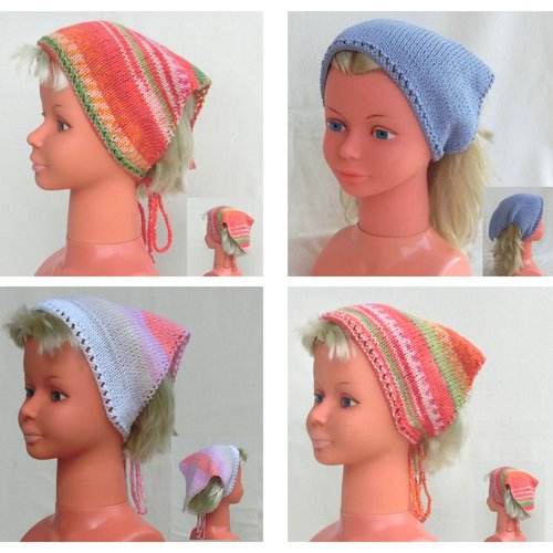 Bandana en coton, taille enfant ou bébé fille, foulard de tête, fichu mouchoir, tricoté main, fait main en france