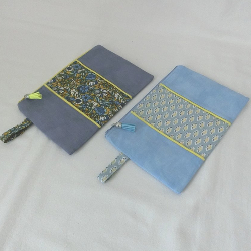 Pochette plate zippée pour documents ou téléphone, trousse maquillage, porte monnaie, tissu coton fleuri, cadeau femme