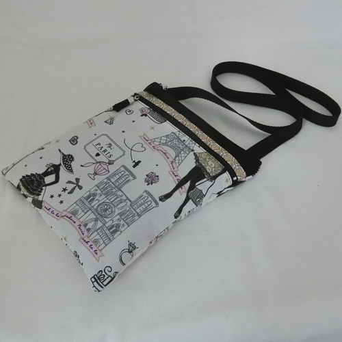 Sac pochette bandoulière 2 poches zippées, tissu paris, sacoche téléphone et documents, besace portée épaule femme