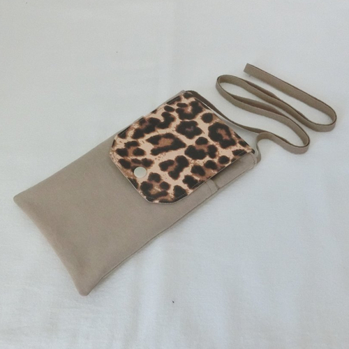 Sac bandoulière pour téléphone et documents, tissu léopard et jeans recyclé, pochette à rabat avec 2 poches, fourre tout épaule